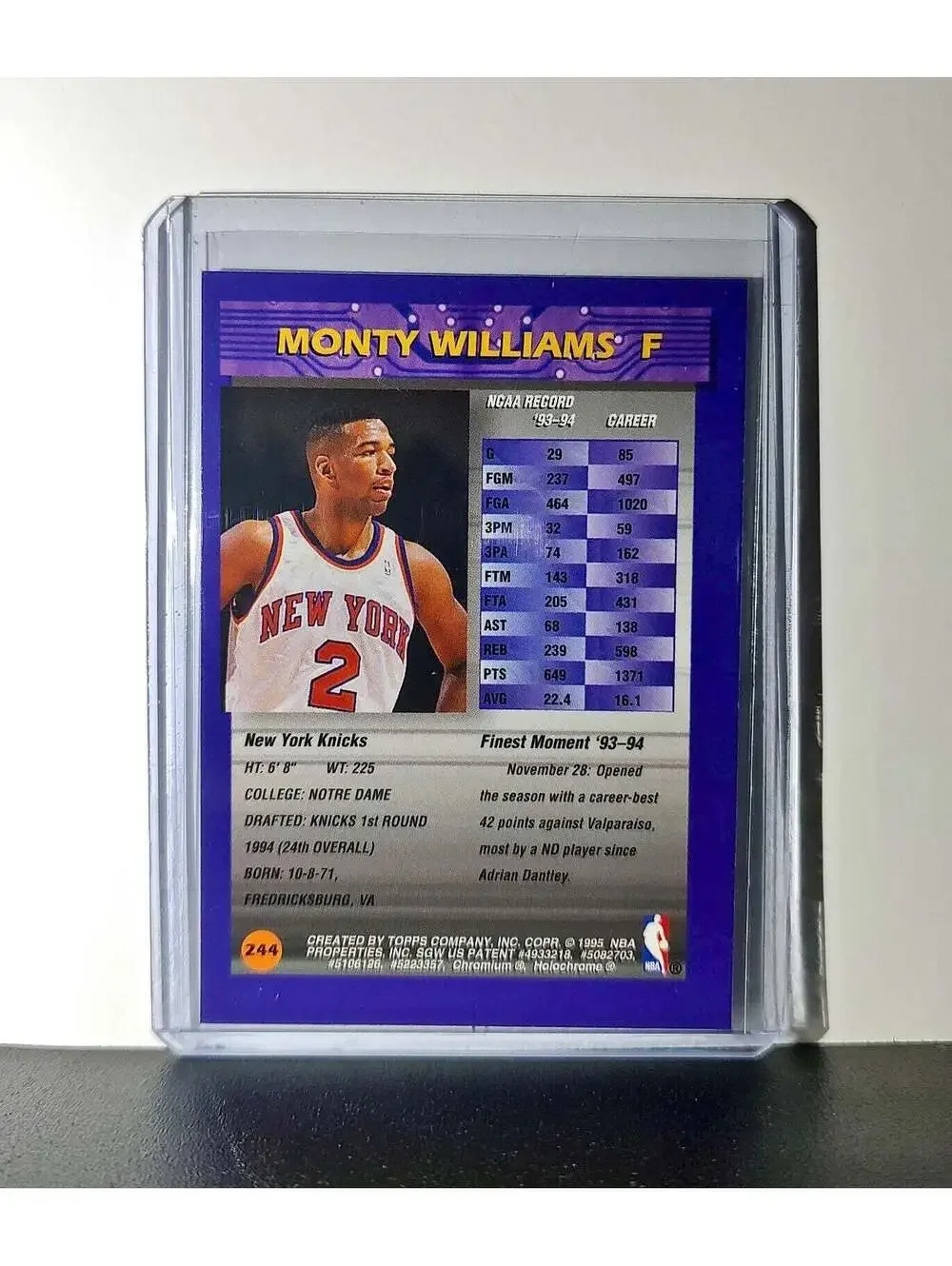 Monty Williams Rookie 1994-95 Topps Finest #244 Card